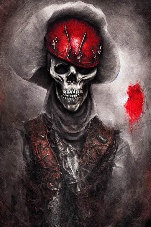 Image similar to the ghost - spirit of the grim - hatter wears the scarlet skull armor and blood crown, midnight fog - mist!, dark oil painting colors, realism, cinematic lighting, various refining methods, micro macro autofocus, ultra definition, award winning photo