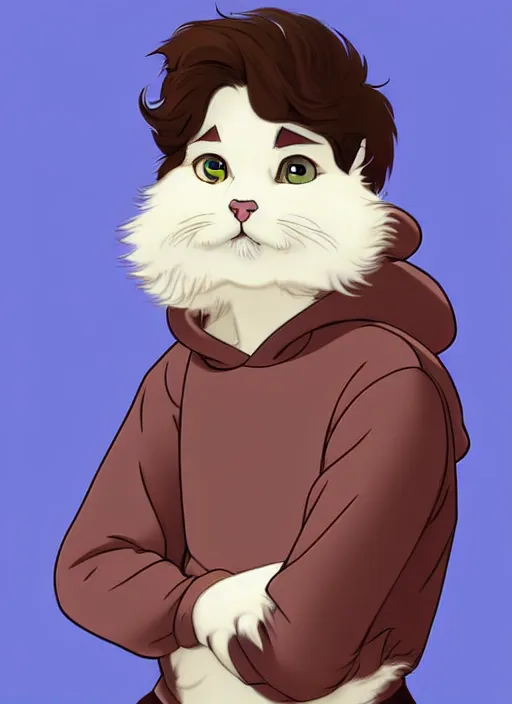 Image similar to teen boy with brown hair and big blue eyes, wearing a hoodie, fluffy white persian cat, natural lighting, path traced, highly detailed, high quality, cartoon, digital painting, by don bluth and ross tran and studio ghibli and alphonse mucha