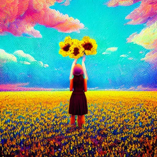 Image similar to large flower face, girl standing in a flower field, surreal photography, sunrise dramatic light, impressionist painting, colorful clouds, digital painting, pointillism, artstation, simon stalenhag