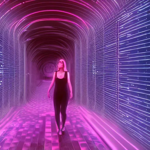 Prompt: chromatic cyborg female discovering her own consciousness in a mirror maze (Unreal Engine, 3D, Reflections, Glossy, Hyer-Realistic, Futuristic, Noise, Gradient)