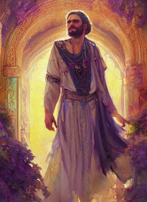 Prompt: a beautiful detailed painting of a gypsy male bard in colorful ornate robes robes, pale skin, white hair, yellow eyes, master of dreams art by jon foster trending on artstation painted by greg rutkowski, painted by stanley artgerm