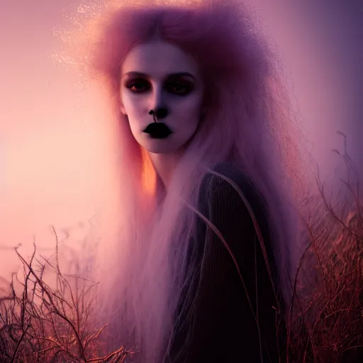 Prompt: photographic portrait of a stunningly beautiful gothic spirit ghostly female in soft dreamy light at sunset, contemporary fashion shoot, by edward robert hughes, tim burton, annie leibovitz and steve mccurry, david lazar, jimmy nelsson, breathtaking, 8 k resolution, extremely detailed, beautiful, establishing shot, artistic, hyperrealistic, beautiful face, octane render