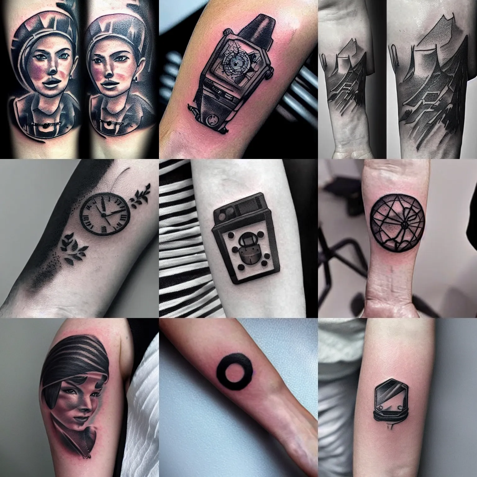 Prompt: small black tattoo of technology, realistic, very detailed