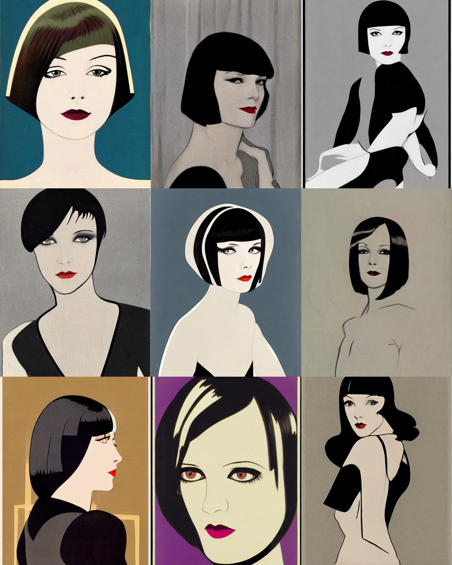 Prompt: Mary Louise Brooks 25 years old, bob haircut, sultry , portrait by Patrick Nagel, 1920s,