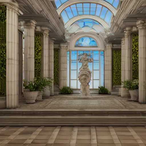 Image similar to vaporwave mansion, liminal space, high detail, rendered in unreal engine, 3d render, god rays, volumetric lighting, large windows, baroque, vegetation