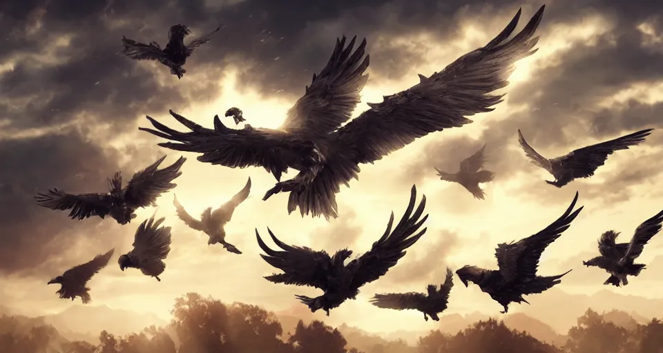 Prompt: flock of griffen flying through the air, beautiful, story book, stunning composition, soft lighting, artstation, cfg = 4