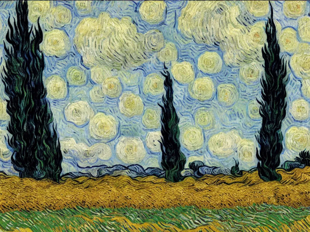 Image similar to wheat field with cypresses, by van gogh but in the style of tim burton, teal and pink