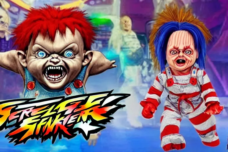 Prompt: screaming chucky doll as a character in street fighter arcade game