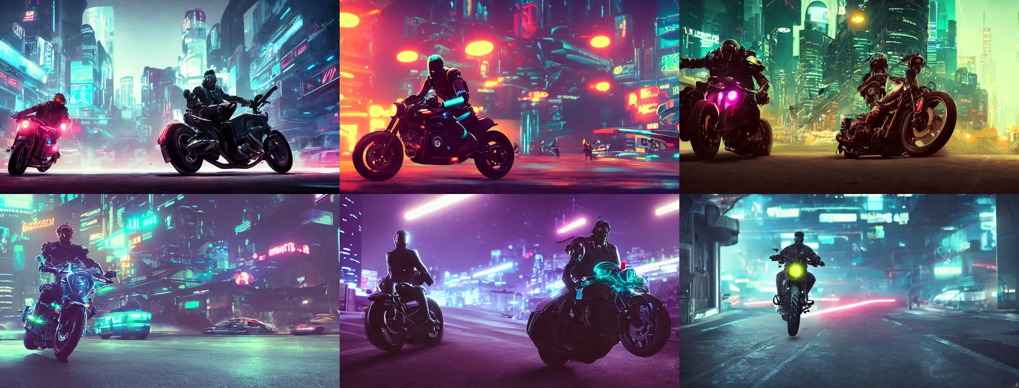 Prompt: photo of a man doing a wheelie on motorcycle on an alien cyberpunk neon planet, cinematic, atmospheric, 8k, trending on artstation