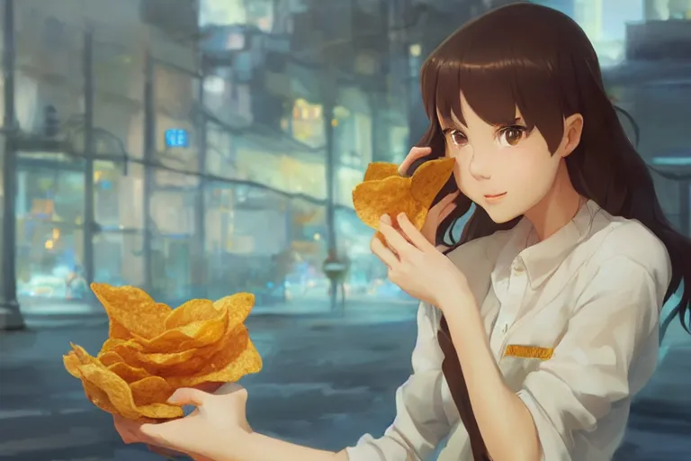 Prompt: a girl eating a bag of potato chips, single centered subject, mid shot, ambient lighting, detailed face, by makoto shinkai, stanley artgerm lau, wlop, rossdraws