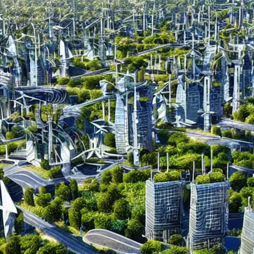 Prompt: beautiful solarpunk city, sustainable future, greenery growing over buildings, wind power