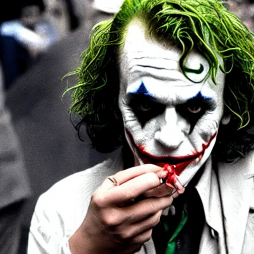 Image similar to photograph of the joker smoking a joint at woodstock, close - up shot, circa 1 9 6 9