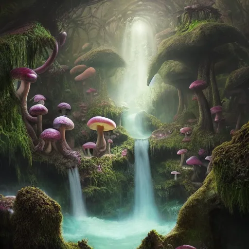 Prompt: tom bagshaw, mythical cavern, soft painting render curiosities carnival pond vegetation rocks gigantic mushrooms and tentacles covered moss luminescent wisps, stunning waterfall, accurate features, focus, very intricate ultrafine details, random volumetric lighting, fog, award winning masterpiece, octane render 8 k hd, artstation