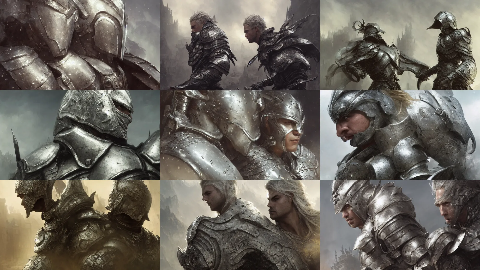 Prompt: medium close up of a male warrior intricate silver armor, dirty blonde hair, cinematic lighting, background with castle town, fantasy, greg rutkowski, ruan jia, wlop, yuumei, marc simonetti, artgerm, tom bagshaw