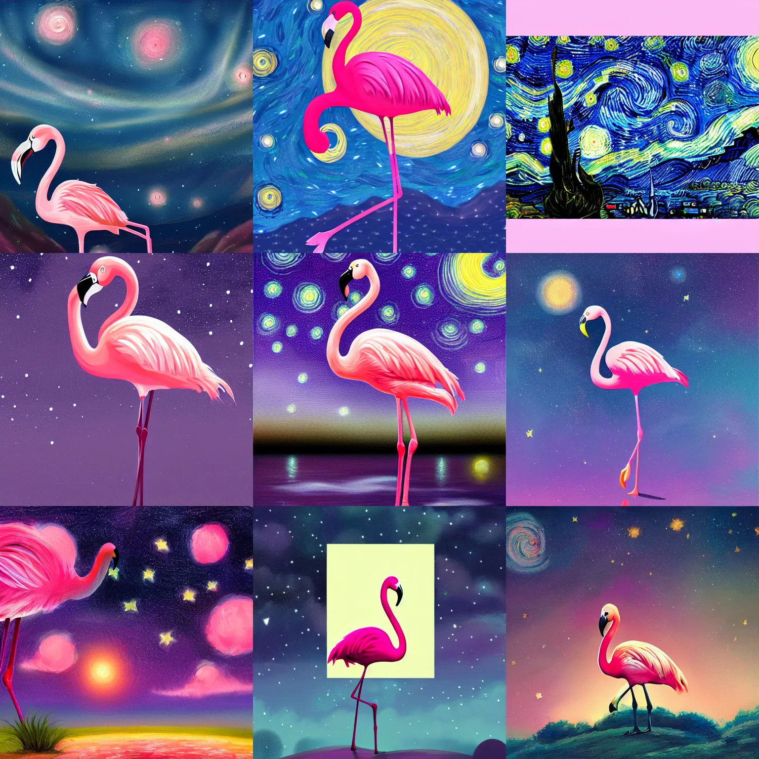 Prompt: A flamingo under the starry night sky, soothing, calm, digital painting, artstationHQ, 4k, high-quality