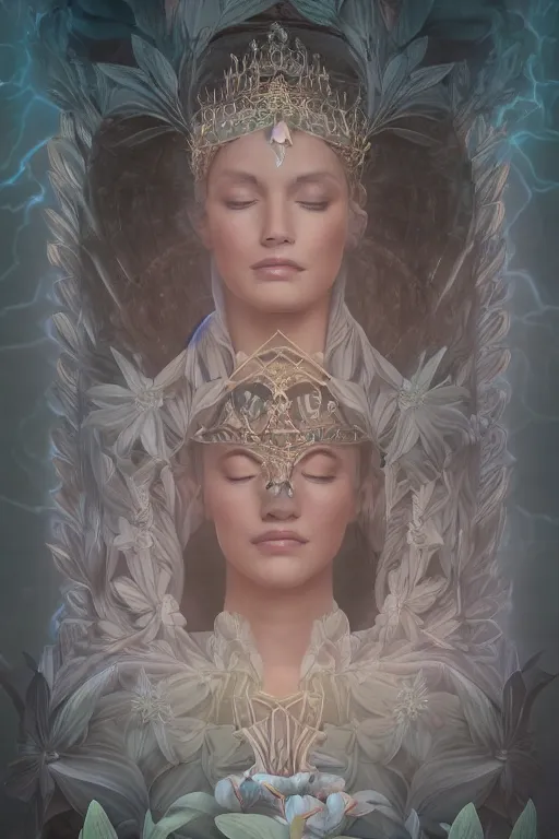 Prompt: a goddess of magnolia a queen of the garden, meditating! with a beautiful symmetrical face!!! cinematic lightning, isolated, studio lighting by ross tran