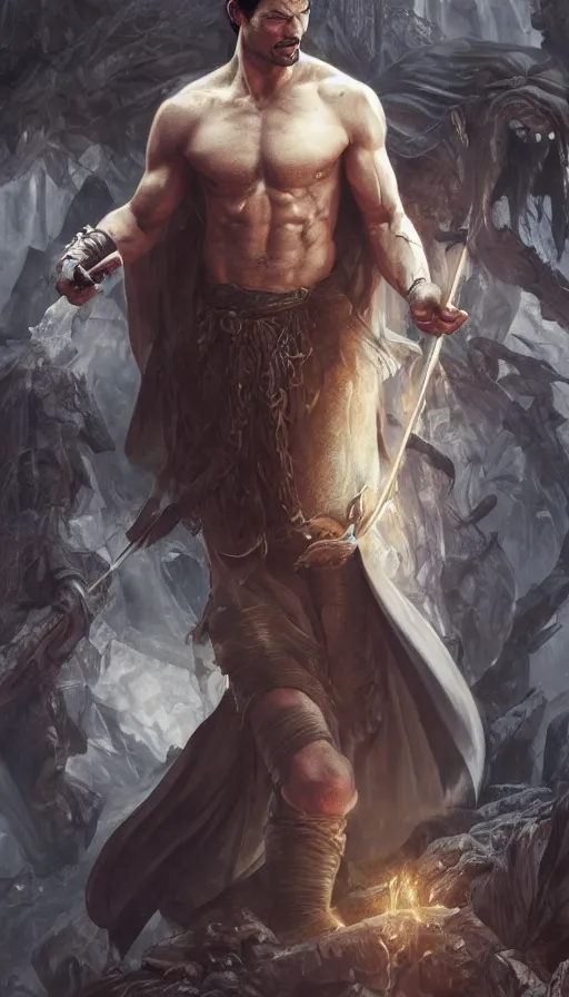 Image similar to david gandy, charming, laughing, fit, cunning, robe, warhammer, lord of the rings, sweaty, intricate, highly detailed, digital painting, artstation, concept art, smooth, sharp focus, illustration, unreal engine 5, 8 k, art by artgerm and greg rutkowski and alphonse mucha