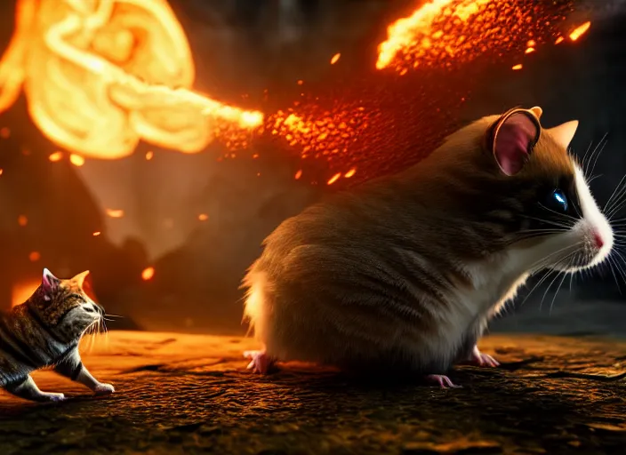 Prompt: hamster fights a cat in mortal kombat at a volcano with shao khan cheering in the background. fantasy magic style. highly detailed 8 k. intricate. lifelike. soft light. sony a 7 r iv 5 5 mm. [ cinematic post - processing ].
