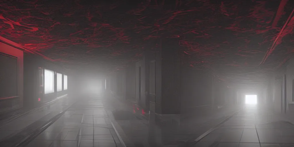 Image similar to a long angle shot of a big dark room with white lights on the celling and a long hallway at the end of the room with red lights on the celling, highly detailed, unreal engine, 4 k, dark, moody, foggy, game render, hyper realistic, ray tracing, path tracing, realistic lightning, black, gray