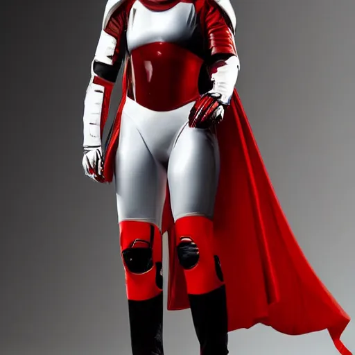 Prompt: portrait of a athletic female soldier in glossy sleek white armor with tiny red details and a long red cape, heroic posture, on the surface of mars, night time, dramatic lighting, cinematic, sci-fi, hyperrealistic