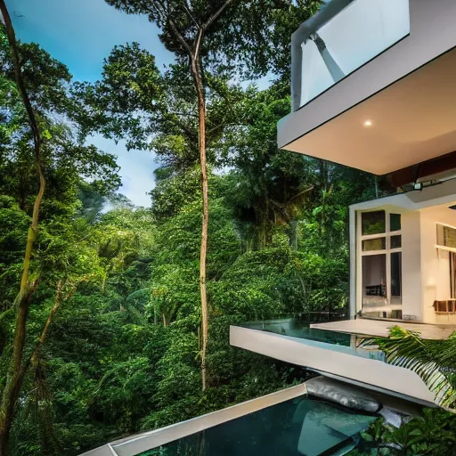 Image similar to a modern mansion in the middle of the jungle, award winning photography, canon camera, 8k