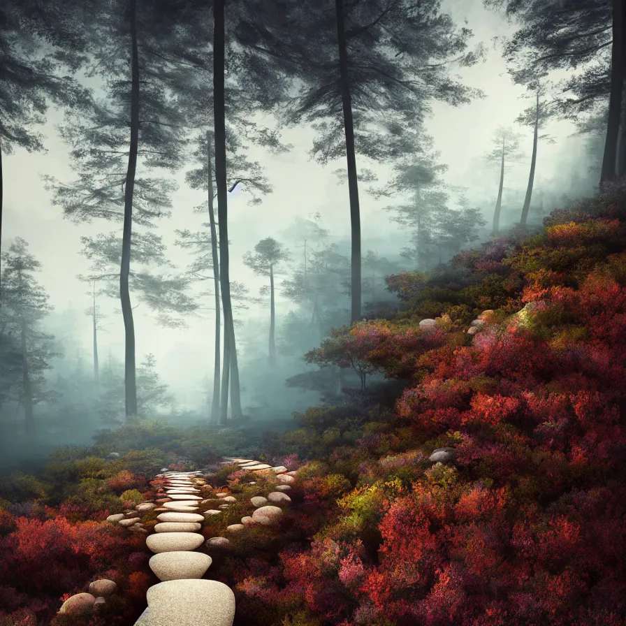 Image similar to surrealist abstract art of a stone path leading to the horizon through giant pine forests down a rocky mountain coast towards a majestic sunset. atmospheric foggy landscape, soft tones, psychedelic, ultra realistic, concept art, modern art, photorealistic, octane render.