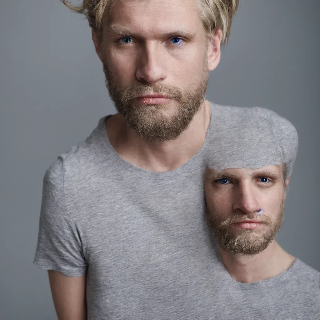 Image similar to full face color photograph of a 40 year old very handsome white man with very short, wavy, light blond hair and very small slanted blue eyes, dressed in a white t shirt, gray shorts and black socks, with very thin lips, with a straight nose and blond stubble on his oval face, and pale skin. He resembles a lion.