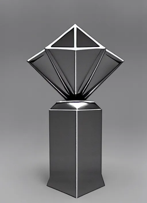 Prompt: ultra realistic, tall, reflective, very symmetrical, polyhedral, 3 d printed steel engineering trophy, 4 k, ultra realistic, highly detailed, epic lighting