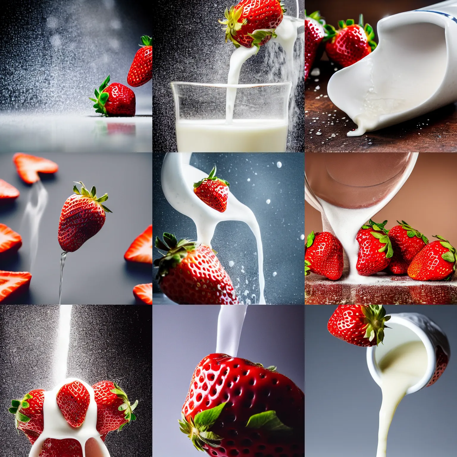 Prompt: a close up photo of milk pouring over a strawberry, macro, highly detailed, blurred background, studio lighting