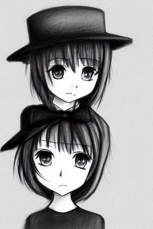 Image similar to cute loli in a tall grey top hat, face profile, pencil sketch, gray scale, anime style