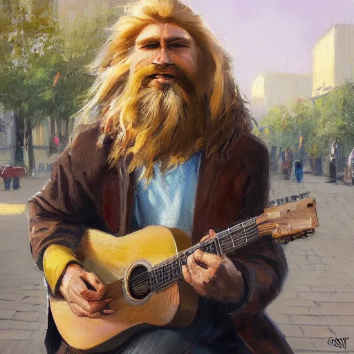 Image similar to oil painting of a young man with long hair blond and a beard hippie style with his golden retrever dog playing guitar in the square for money, people watching around, by greg rutkowski, artstation