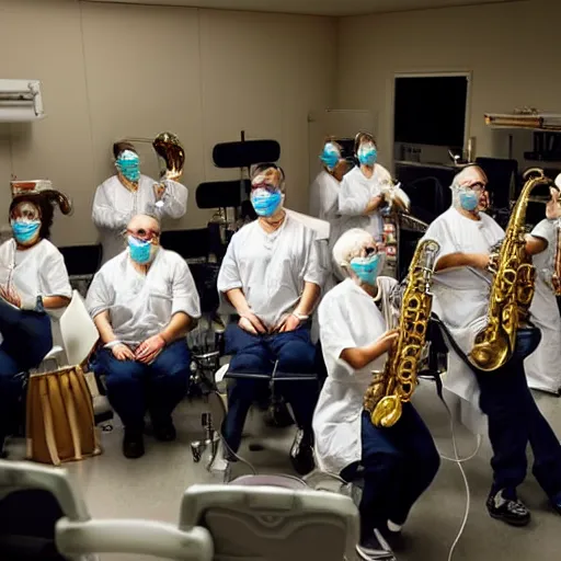 Image similar to doctors playing saxophone made out of clear tubing, syringes, urine collection bag, iv pole, fluid bag, nebulizer equipment, bag - valve mask, intubation equipment, speculum, defibrillator, coban, flexiseal, picc dressing. capacity crowd at concert in surgical theater.