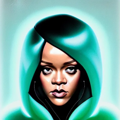 Image similar to Rihanna profile picture by Greg Rutkowski, mod green Bob wig, hooded fur coat, asymmetrical, futuristic, volumetric lights, streetwear, studio ghibli, Organic Painting , Matte Painting, geometric shapes, hard edges, trending on the artstation, fantasy LUT, realistic by Sachin Teng + Martin Grip + Moebius + Patrick Gleason, smooth, sharp focus, illustration, art by John Collier and Albert Aublet and Krenz Cushart and Artem Demura and Alphonse Mucha, techwear, Industrial Scifi, detailed illustration, character portrait,