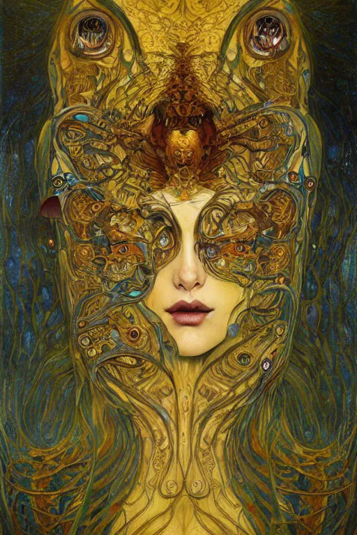 Prompt: Metamorphosis by Karol Bak, Jean Deville, Gustav Klimt, and Vincent Van Gogh, transformational chimera portrait, visionary, cicada wings, transformation, chimera, metamorphosis, otherworldly, fractal structures, ornate gilded medieval icon, third eye, spirals, horizontal symmetry