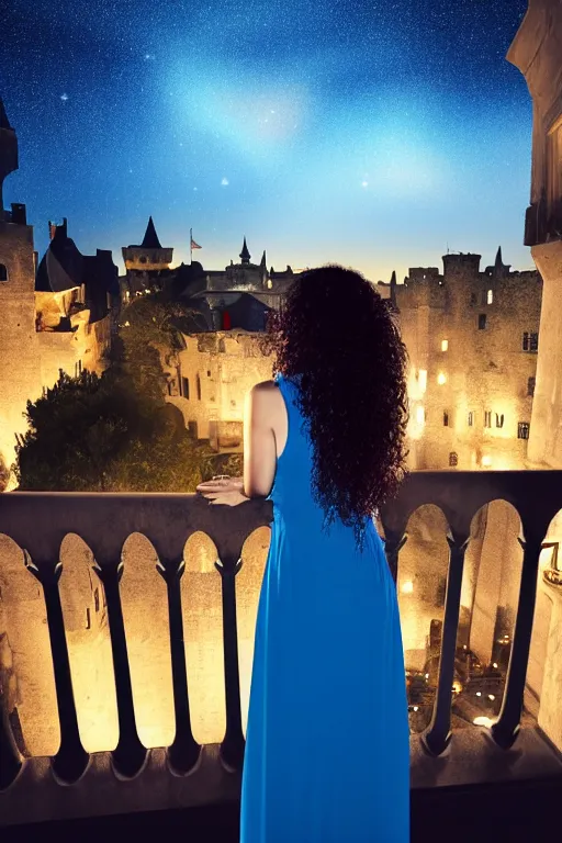 Image similar to a full body tall young female with curly shining hairs in blue dress rounding on a balcony of castle under a falling stars, view from a behind perspective. vfx effects, intricate, elegant, sharp focus, high quality render, many polygons, f 9 5 zone