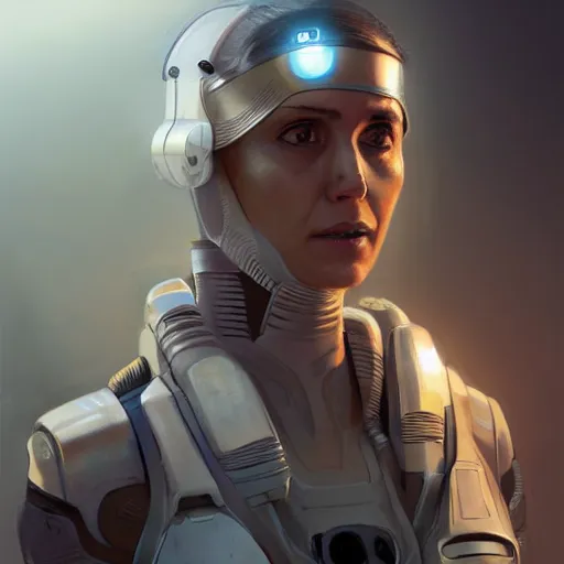 Image similar to a middle eastern starship medical officer with cybernetic enhancements, female, sci fi character portrait by greg rutkowski, craig mullins