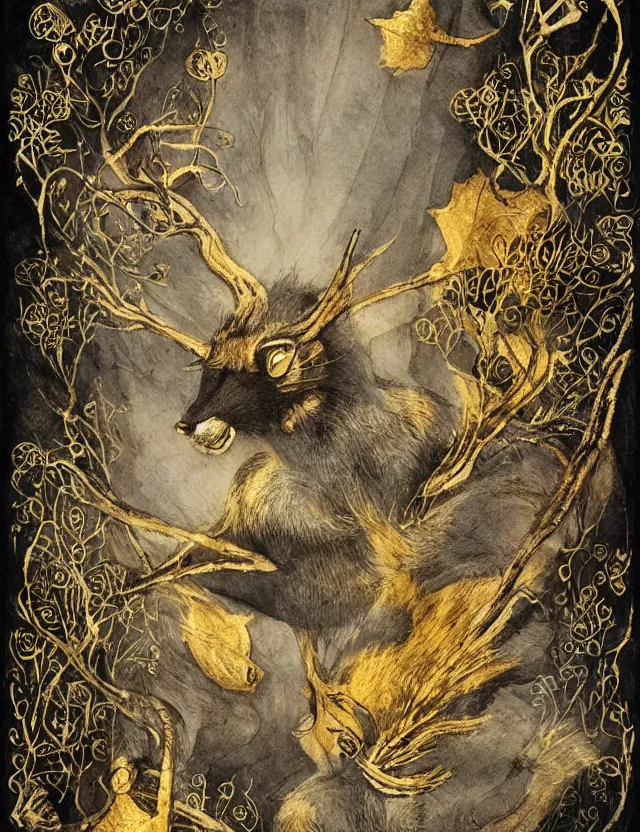 Prompt: animal deity of first frost. this ink wash and goldleaf work by the beloved children's book illustrator has interesting color contrasts, plenty of details and impeccable lighting.