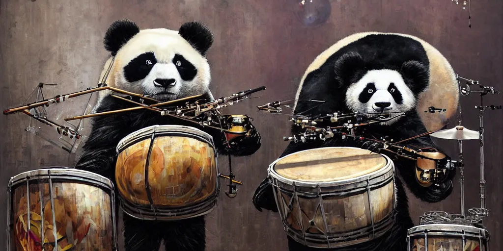 Prompt: a portrait of an anthropomorphic cyberpunk panda bear playing a drum set by sandra chevrier, by jon foster, detailed render, tape deck, epic composition, bass drum, cymbals, high hat, cybernetics, 4 k realistic, cryengine, realistic shaded lighting, sharp focus, masterpiece, by enki bilal