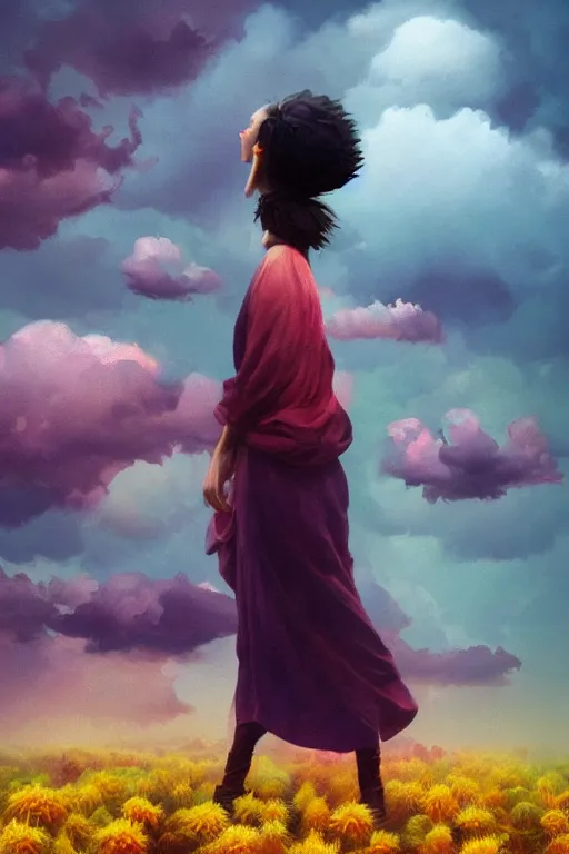 Image similar to closeup girl with giant dahlia flower as head, standing on mountain, surreal photography, blue storm clouds, dramatic light, impressionist painting, digital painting, artstation, simon stalenhag