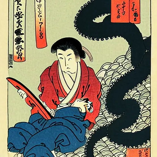 Image similar to an octopus teaching a man to use a computer, ukiyo-e by Utagawa Kuniyoshi