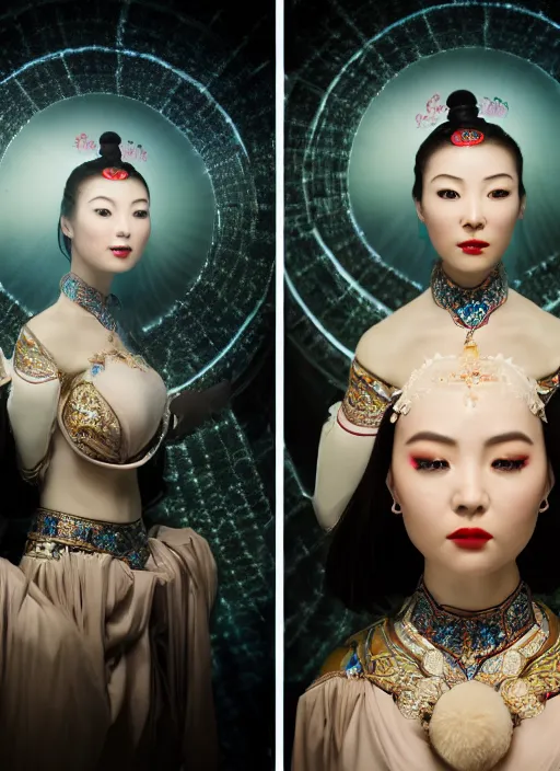 Image similar to photo shoot pose photo of beautiful Chinese ancient princess standing in the corridor in the space ship, symmetrical face, big eyes and lips, looking down, subtle makeup, clean face and body skin,ecstatic expression, ornamental jewelry and ancient translucent clothes, futuristic space ship interrior, wires with lights,depth of field, lens flares, dust in the air, moody lighting, intricate, elegant, highly detailed, centered, smooth, sharp focus, Donato Giancola, Joseph Christian Leyendecker, WLOP, Boris Vallejo, Artgerm moody photography, old photo, black and white, sepia, cinematic lighting, cinematic angle, editorial photography