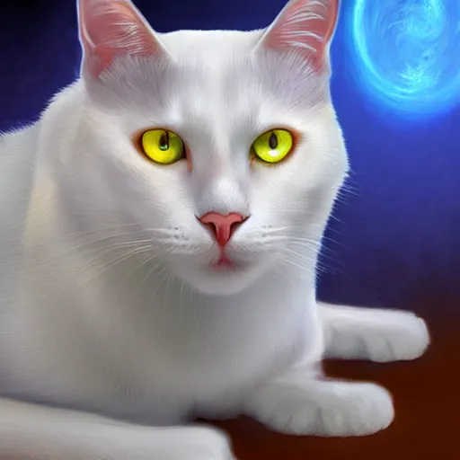 Image similar to a beautiful white cat with blue and yellow eyes, sci-fi, fantasy, highly detailed, digital painting