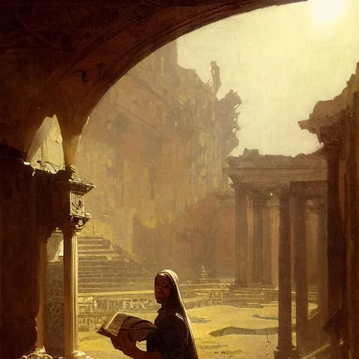 Image similar to half portait of magican wearing a closed cowl with big old book!, jeremy mann, jean leon gerome, tiepolo, alphonse mucha, greg rutkowski, face in the shadows, ( ( ruins of ancient rome ) ), at dusk, mysterious atmosphere, sunrays, dof, masterpiece, high detailed, 8 k