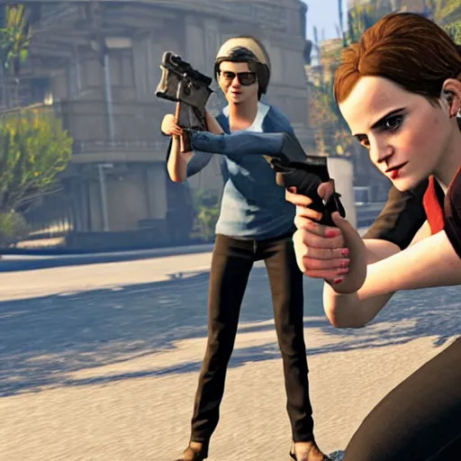 Image similar to Screenshot of Emma Watson holding a pistol in GTA 5