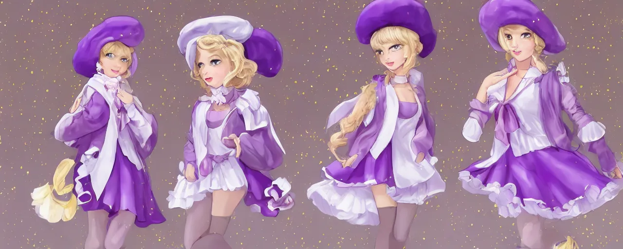 Prompt: A character sheet of full body mystical girls with short blond hair wearing an oversized purple Beret, A purple and white dress uniform, Short Puffy pants made of silk, a fluffly petticoat, pointy jester shoes, a big billowy scarf, Golden Ribbon, and white leggings Covered in stars. Short Hair. Sunlit. Haute Couture.Art by william-adolphe bouguereau and Paul Delaroche and Alexandre Cabanel and Lawrence Alma-Tadema. Smooth. Elegant. Highly Detailed. Intricate. 4K. UHD. Denoise.