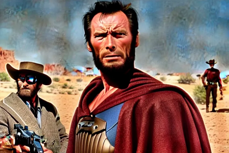 Image similar to clint eastwood as superman in the good the bad and the ugly, western film, hyper - detailed, smooth, sharp focus, 4 k ultra hd