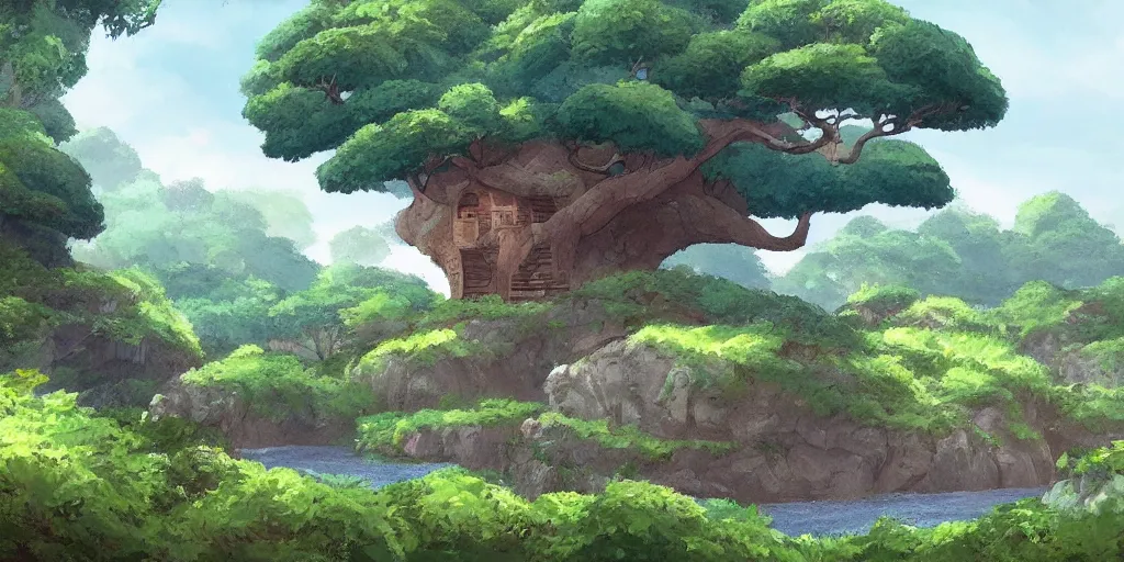 Prompt: a serene landscape with a singular house in giant tree ^ near a river with rocks, sunshine lightning, ghibli studio