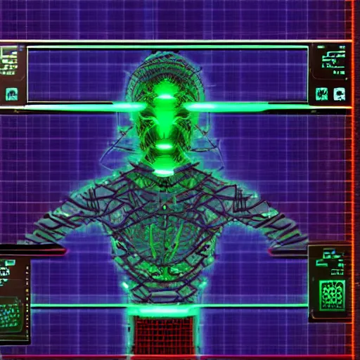 Prompt: Computer game system shock 2 , Shodan character layout