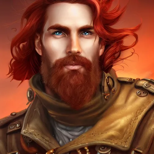 Image similar to rugged ship captain, male, handsome, flowing red hair, fantasy, detailed face, ruggedly handsome, intricate, elegant, highly detailed, piercing eyes, steampunk, digital painting, artstation, concept art, character art, smooth, sharp focus, illustration, art by artgerm