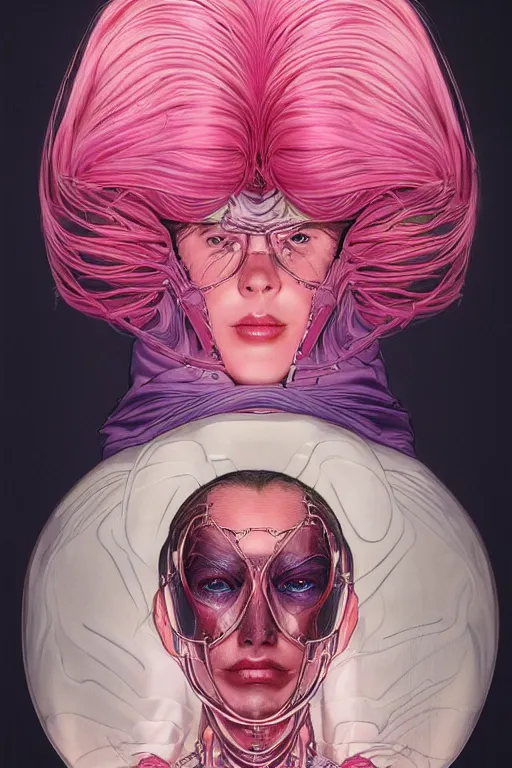 Image similar to organic cyborg head wrapped in silk by Hajime Sorayama and Jamie Coreth, trending on artstation, centered, symmetrical, snow white, thick pink hair, bilateral symmetry, 70s poster, polished, thick smoke, retro dark vintage sci-fi, 2D matte illustration